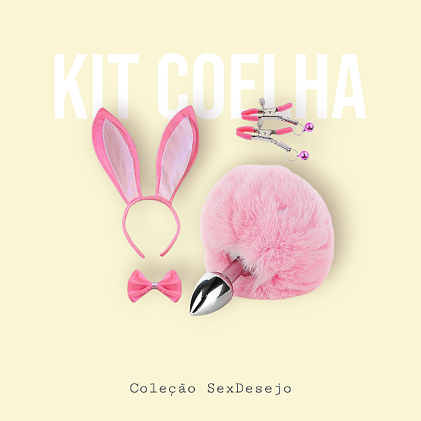 Kit Rabo de Coelho com Tiara de Orelhas - Grampos para os seios em Metal e Laço