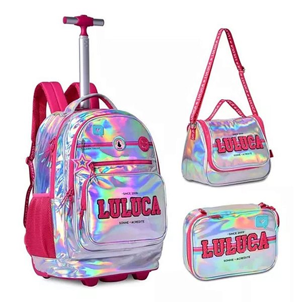 Kit Mochila De Costas Luluca Estojo E Lancheira Holográfica