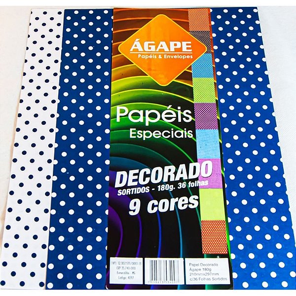 Papel Decorado Sortidos 9 cores  180g A4 com 36 folhas - Agape