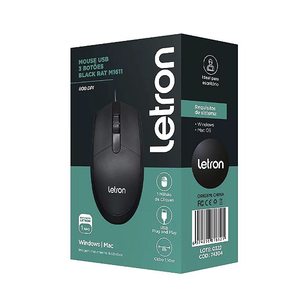 Mouse Letron Usb,3 Botoes, 1600 DPI, Black - Rat M1611