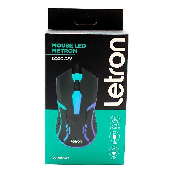 Mouse Óptico Gamer com Led 3 Botões 1000DPI USB Metron- Letron