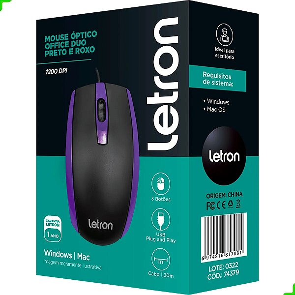 Mouse Óptico Office Duo Preto e Roxo 1200 DPI 3 Botões USB