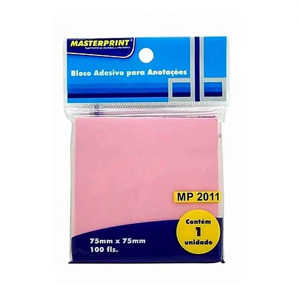 Bloco de Notas Adesivo 75x75mm com 1 Bloco de 100 Folhas Rosa - Masterprint - MP2011