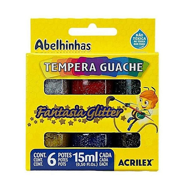 Tinta Tempera Guache Fantasia Glitter com 6 cores