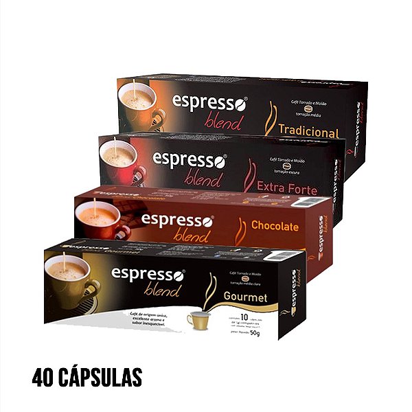 40 Cápsulas de café espresso E. Blend 4 aromas (Tradicional, Extra forte,  Canela e Gourmet) compatível Nespresso - Chá de Panela Brasil | Uma dose de  sabor em cada cápsula!