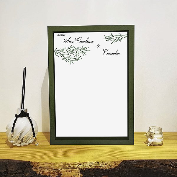 Quadro de assinaturas para casamento e bodas com folhagem verde musgo