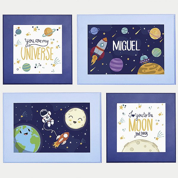 Kit com 4 Quadros Infantis Personalizados Astronauta Foguete