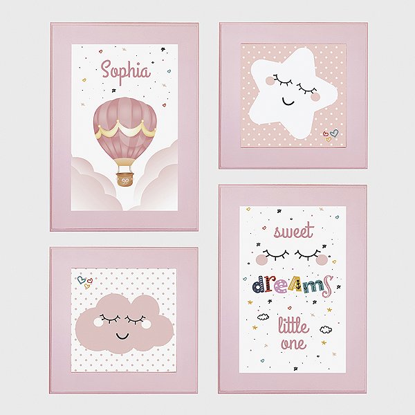 Kit com 4 Quadros Infantis Personalizados Sweet Dreams