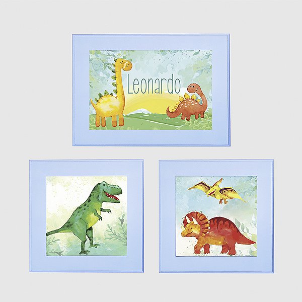 Kit com 3 Quadros Infantis Personalizados tema Dinossauros