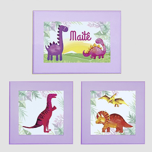 Kit com 3 Quadros Infantis Personalizados tema Dinossauros para meninas