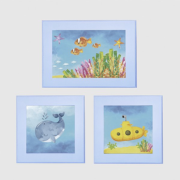 Kit com 3 Quadros Infantis Personalizados tema Fundo do Mar