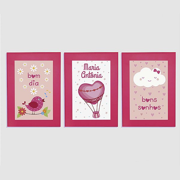 Kit com 3 Quadros Infantis Personalizados Balão Bom Dia e Bons Sonhos