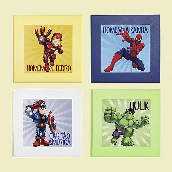Kit com 4 Quadros Infantis - tema Super Heróis