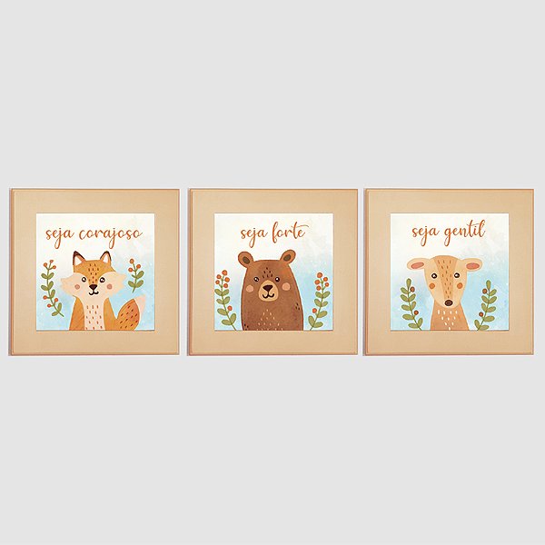Kit com 3 Quadros Infantis Personalizados tema Animais - Seja Feliz