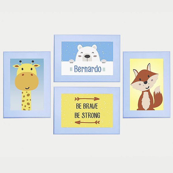 Kit com 4 Quadros Infantis Personalizados Animais - Be Strong