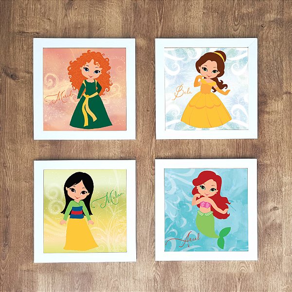 Kit com 4 Quadros Infantis Decorativos Princesas