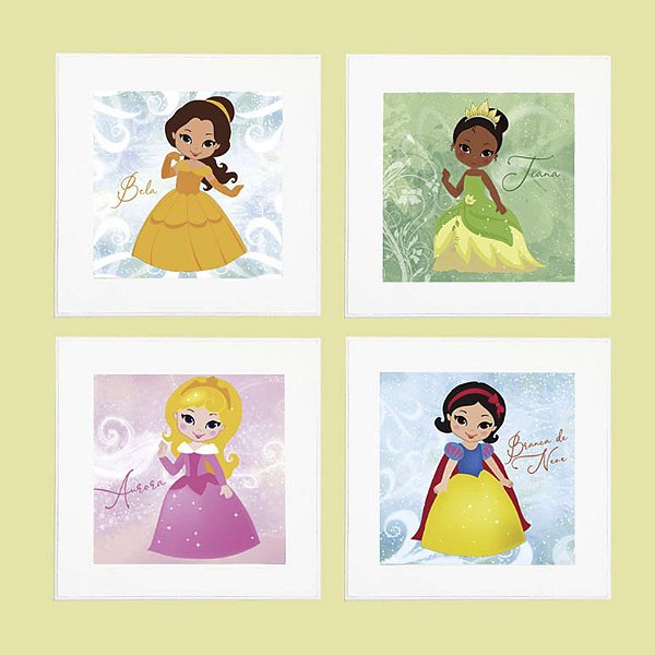 Kit com 4 Quadros Infantis Personalizados Princesas