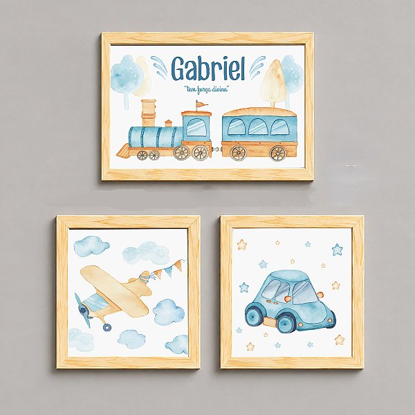 Kit com 3 Quadros Infantis para Menino - Brinquedos - Carrinho, Trem, Avião