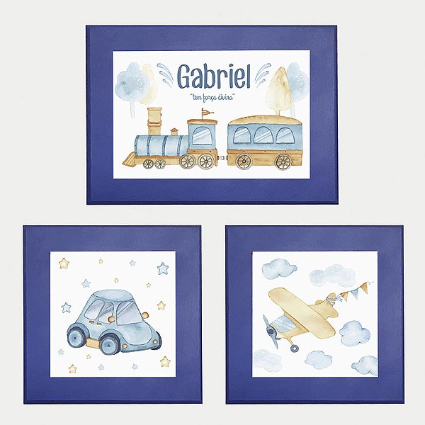 Kit com 3 Quadros Infantis Personalizados Menino - Brinquedos
