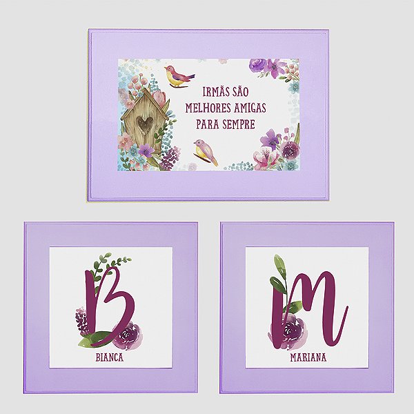 Kit com 3 quadros para Irmãs - tema Jardim de Passarinhos