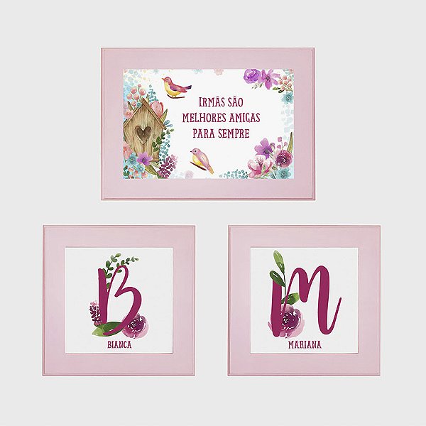 Kit com 3 quadros para Irmãs - tema Jardim de Passarinhos