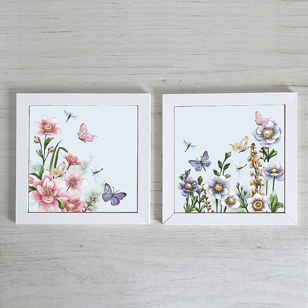Kit com 2 Quadros Decorativos Floral com Borboletas Aquarelado