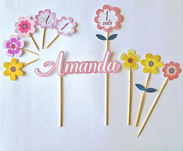 Kit para festa tema Jardim de Flores (topo de bolo e de docinhos)
