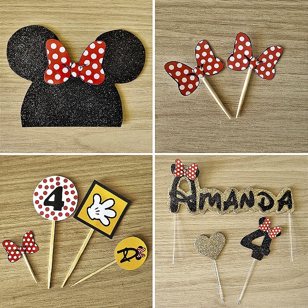 Kit para festa tema Minnie (topo de bolo e de docinhos e enfeite de mesa)