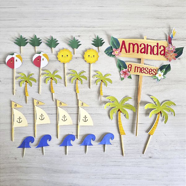 Kit para festa tema Praia Tropical (topo de bolo e de docinhos)