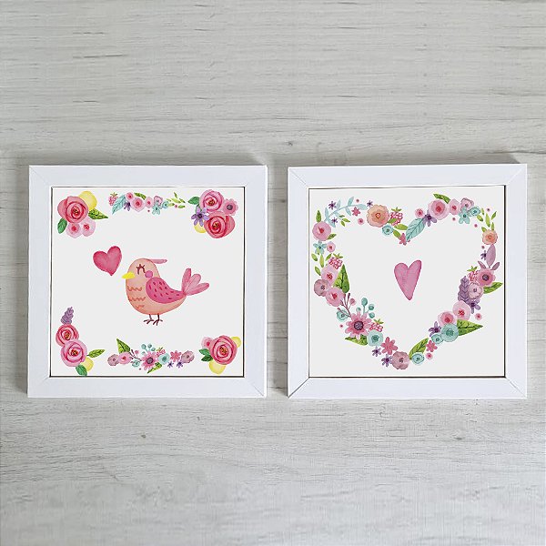 Kit com 2 Quadros Decorativos Infantis Coração e Passarinho