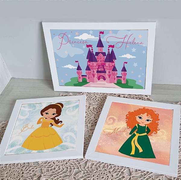 Kit com 3 Quadros Infantis tema Princesas