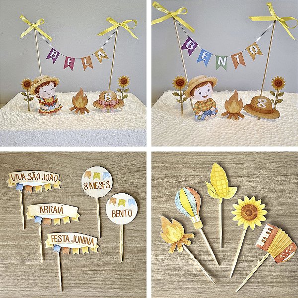 Kit Festa Junina com topo de bolo e topo de docinhos (opção menino ou menina)