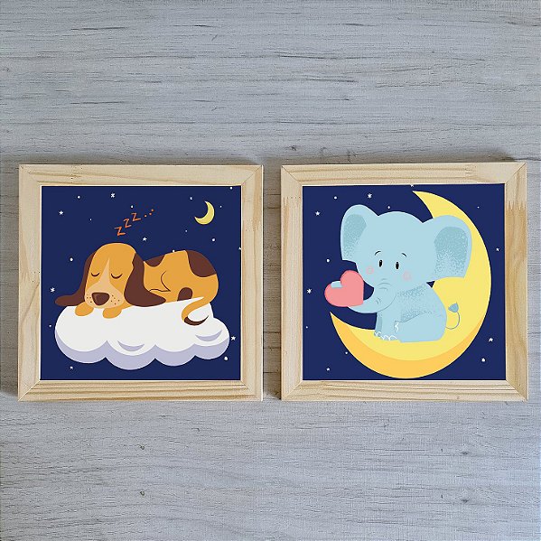Kit com 2 Quadros Infantis - tema Hora de Dormir dos bichinhos - Elefante e Cachorro