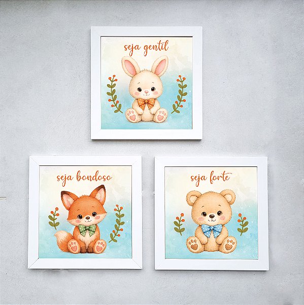 Kit com 3 Quadros Decorativos Infantis Animais Aquarelados - Seja Forte, Corajoso e Gentil