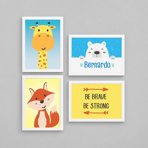 Kit com 4 Quadros Infantis Girafa, Raposa e Urso Be Strong