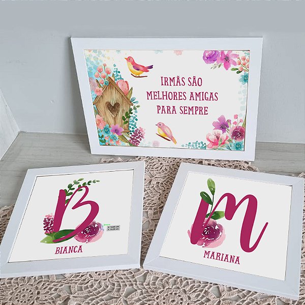 Kit com 2 ou 3 quadros para Irmãs - tema Jardim de Passarinhos