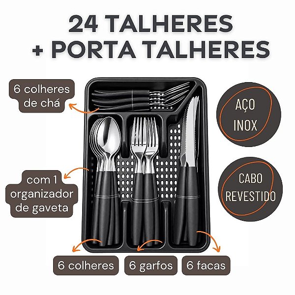 Conjunto de 24 Talheres Aço Inox Cabo Preto Com Porta Talheres Organizador de Gaveta - Belakaza