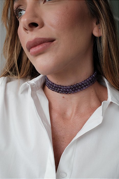 Choker 3 voltas ametista natural mesclada