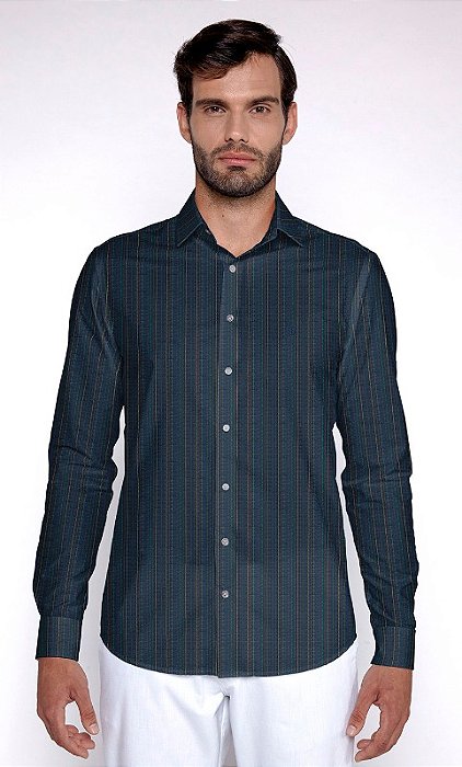 CAMISA INDIVIDUAL ML SLIM FIO TINTO LISTRADA AZUL MARINHO REF 53.04.191848