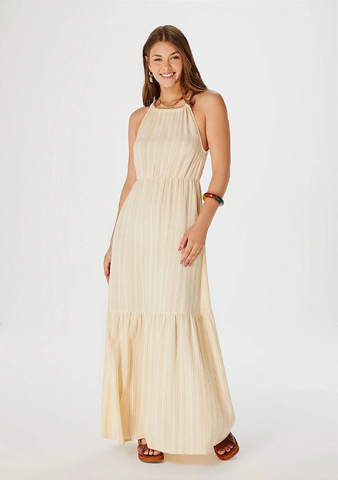 VESTIDO LONGO HERING EVASE FIO TINTO BEGE P