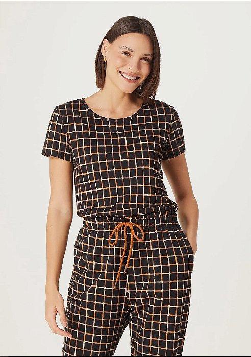 BLUSA FEM MC HERING ESTAMPADA PRETO/MARROM XP