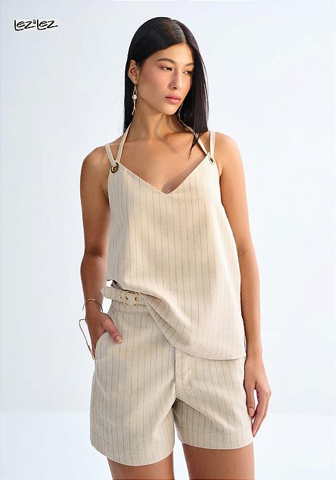 CONJUNTO LEZ A LEZ LINHO BLUSA+SHORTS - CREME ANGORA
