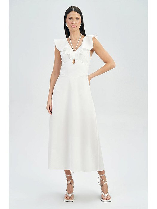 VESTIDO MIDI ACOSTAMENTO ALCA BABADO 40 PRETO