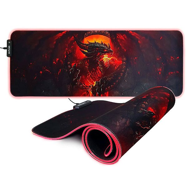 Mousepad Gamer Exbom, Extra Grande,Speed LED RGB 80x30cm Borda Costurada Antiderrapante Dragão