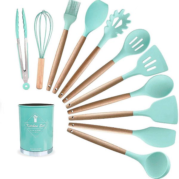 Jogo de Utensílios Cozinha Silicone e Madeira Premium 7 Peças