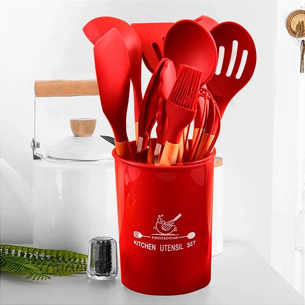 Jogo Utensílios de Cozinha em Silicone e Madeira 7 Peças - Vermelho