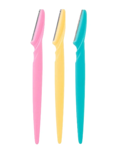 Kit com três navalhas para sobrancelha e aparador de pelos facial - Cor ROSA, AMARELO E AZUL