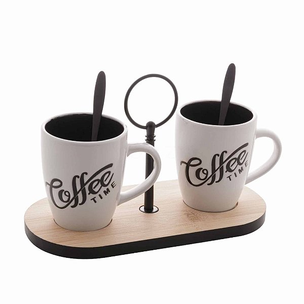 Jogo 2 Canecas Cerâmicas de Café com Suporte Bambu