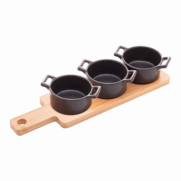 Bandeja de Bambu com 3 Petisqueiras de Porcelana