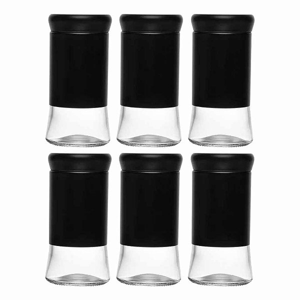 Jogo 6 Porta Temperos Versatile 135ml Preto em Vidro